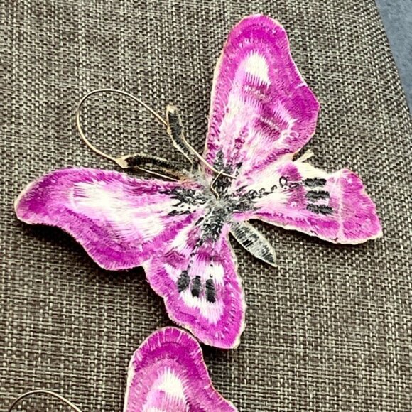 Huge Butterfly Embroidered Earrings 3 In Pierced Pink Black White Statement 80s - Picture 5 of 7